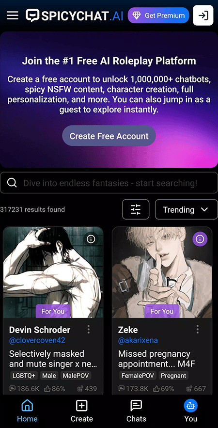 SpicyChat AI 角色选择界面截图2
